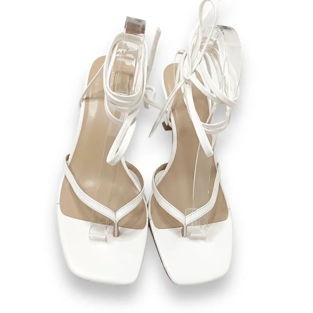 Ann Taylor White Leather Strappy Ankle Wrap Square Toe Sandal Heels Women’s 9.5M